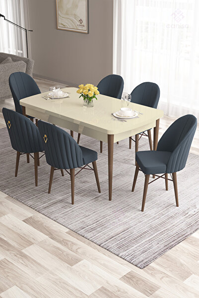 Canisa Roz Serisi 80x132 Mdf Krem Masa Ceviz Ayak Mutfak Masası 6 Antrasit Sa...