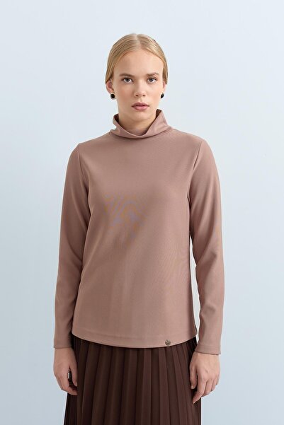 Nihan Dik Yaka Basic Örme Bluz Vizon