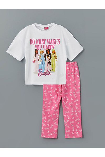 LC Waikiki Set pijamale pentru fete cu imprimeu Barbie cu decolteu nou sezon - S56931Z4