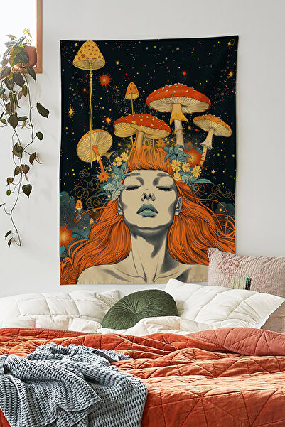 ALAMODECOR Turuncu Yapay Zeka Psychedelic Mantar Kafa Kız Model Duvar Örtüsü
