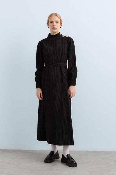 Nihan Black Striped Belted Off the Shoulder Button Dress