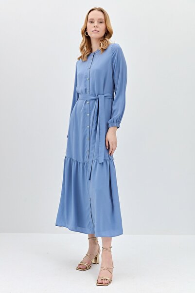 Nihan Eteği Fırfırlı Kolu Lastikli Elbise Mavi