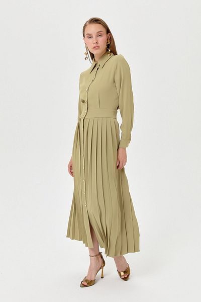 Nihan Olive Pleated Skirt Blouse Dress