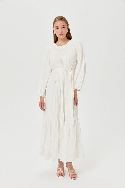 Nihan Ecru Patterned Belted Dress