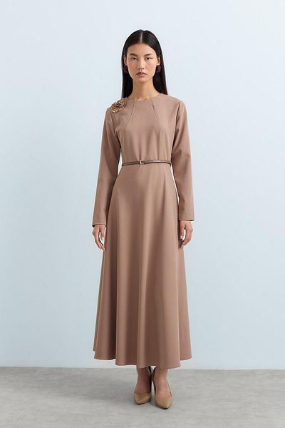 Nihan Mink Brooch Detailed Belted Dress