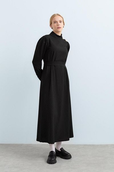 Nihan Black Striped Belted Off the Shoulder Button Dress