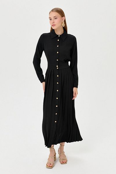 Nihan Black Pleated Blouse Dress - with Skirt