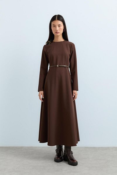 Nihan Brown Dress - with Brooch Detail and Belt