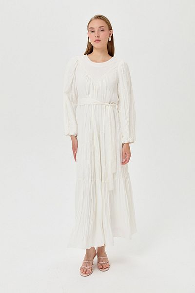 Nihan Ecru Patterned Belted Dress