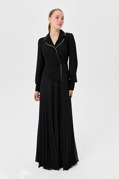 Nihan Pleated Crepe Dress - Black, Glitter Stripe Accessory, Skirt and Sleeve Pleated