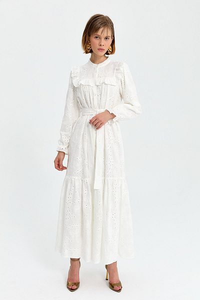 Nihan Ecru Embroidery Dress - Sliced under Skirt