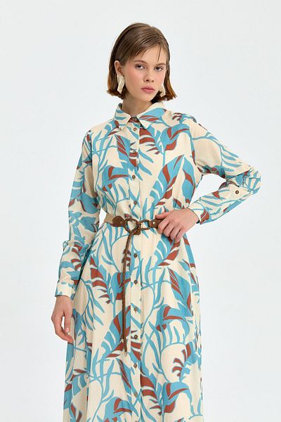 Nihan Rochie Blue Fit - Talie cu centură și imprimeu