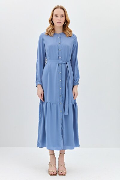 Nihan Eteği Fırfırlı Kolu Lastikli Elbise Mavi