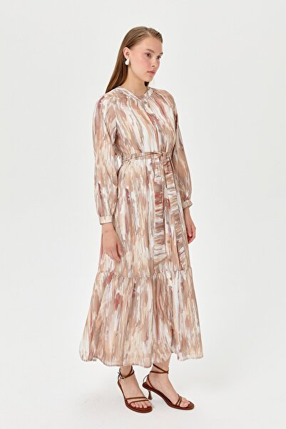 Nihan Eteği Büzgülü Empirme Elbise Bej