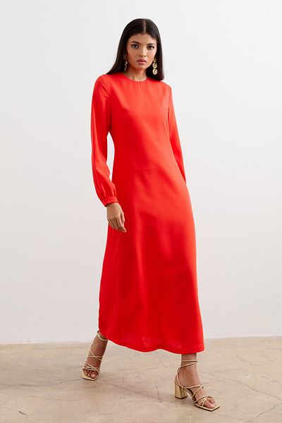 Nihan Crew Neck Dress Coral