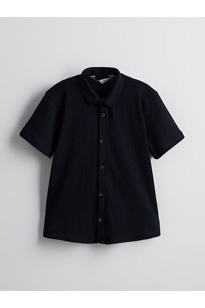 LC Waikiki Navy Blue Short Sleeve Textured Boy's Shirt