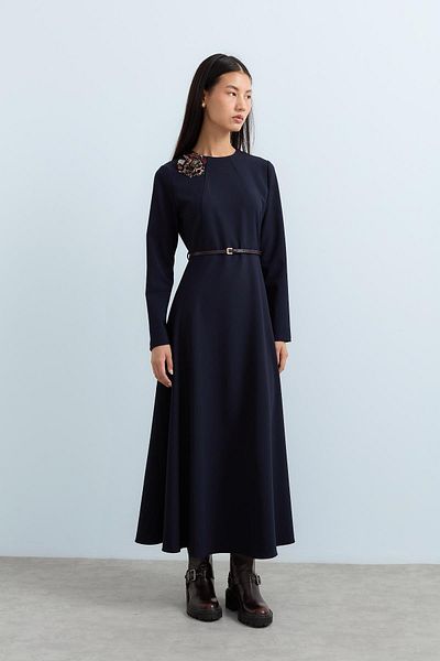 Nihan Navy Blue Belted Dress - Brooch Detail