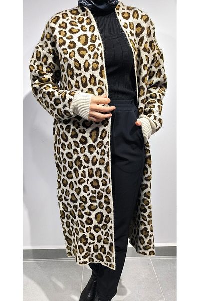 Lasirius Leopard Pattern Raster Wool Long Knitwear Cardigan