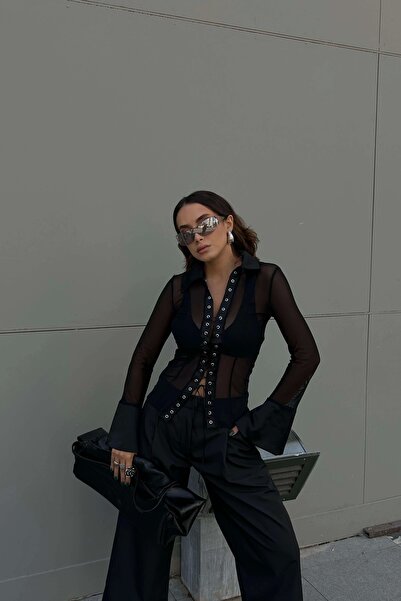 Eka Μαύρο γυναικείο πουκάμισο με δαντέλα - 1026-0015