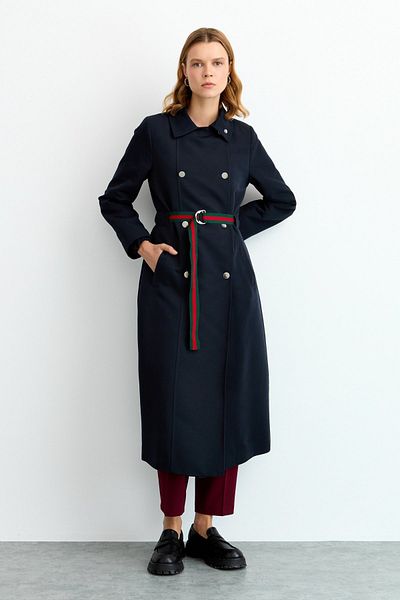 Nihan Navy Blue Trench Coat - Belt Detailed