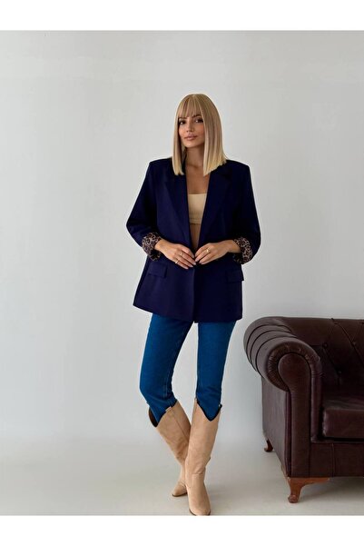 dükkan10butika Kadın Leopar Astarlı Kol Detay Atlas Kumaş Blazer Ceket Haki