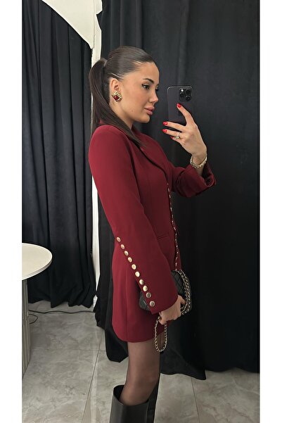 HARMONY GLOBAL Women's Burgundy Gold Snap Detailed Design Long Blazer Jacket 7157