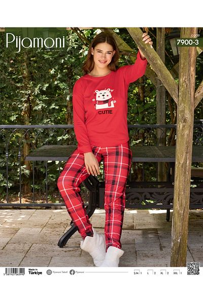 Pijamoni Set de pijamale pentru femei din bumbac pieptănat gros cu tematică de Anul Nou