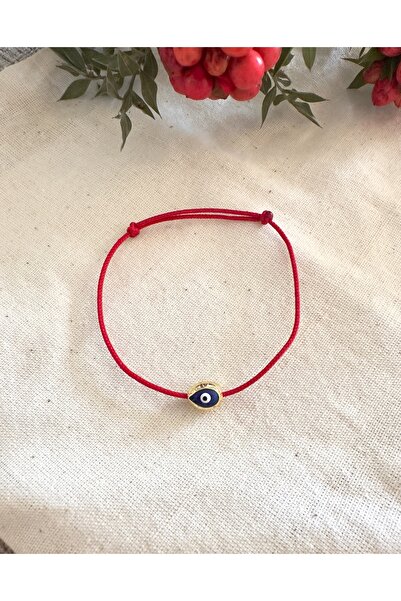 Atelier Çağla Altın Kaplama Nazar Boncuklu Kırmızı İp Bileklik ( Mavi )