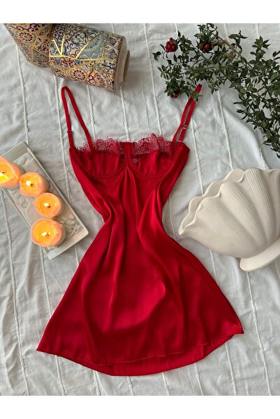 MAYA LİNGERİE Sevgililer Günü Kırmızı Saten Dantelli Balenli Sırt Detaylı Gec...