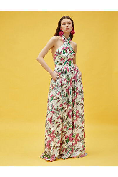 Koton Kadın Aslıhan Malbora X Koton - Boyundan Bağlamalı Çiçekli Uzun Elbise 3SAK80279PW