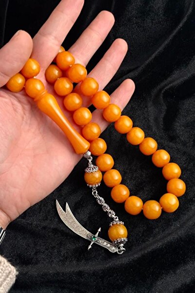 dergah tesbih Şahin Ağa Serisi Gümüş Zülfikar Tasarım Sıkma Kehribar Tesbih