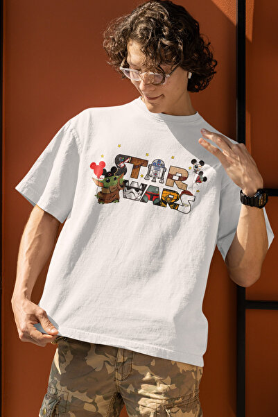 Alice Butik تي شيرت أبيض كبير الحجم مطبوع عليه ميكي من ستار وورز للجنسين من ا...