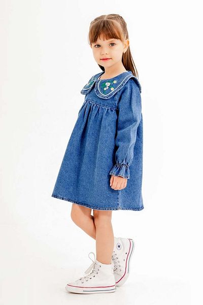 Cansın Mini Rochie de jeans pentru fetiță, albastru bleumarin, cu mâneci lungi, cu broderie florală, 20116