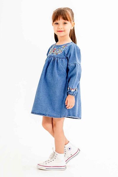 Cansın Mini Rochie de jeans pentru fete, albastru bleumarin, cu broderie florală, cu mâneci brodate 20118
