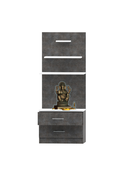 Mahmayi Wooden Mandir, Temple with 2 Drawers and 3 Shelves-Metal Fabric Anthracite