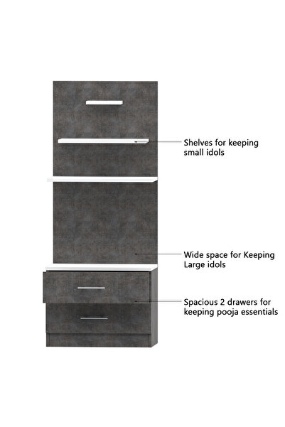 Mahmayi Wooden Mandir, Temple with 2 Drawers and 3 Shelves-Metal Fabric Anthracite