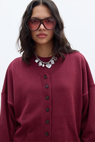 Manuka Cardigan cu tricotaje supradimensionate roșu Claret - Textura moale