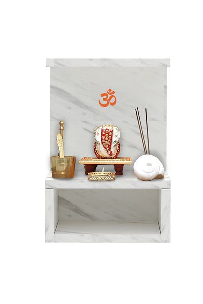 Mahmayi Wooden Small Mandir, Temple with Single Open Shelf-White Levanto Marble