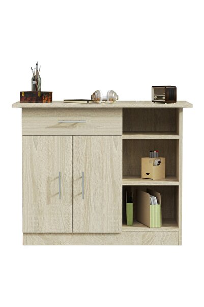 Mahmayi Medium Height Cabinet with Single Drawer, 2 Door Storage and 3 Open Shelf-Grey Bardolino Oak