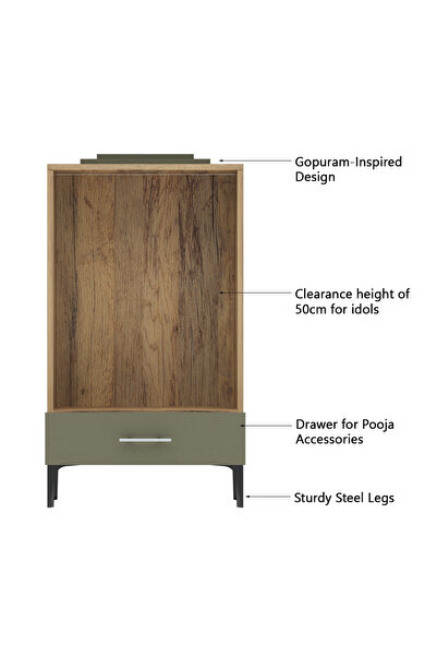 Mahmayi Wooden Mandir, Temple with Single Drawer, Steel Legs-Vintage Santa Fe Oak and Lava Grey