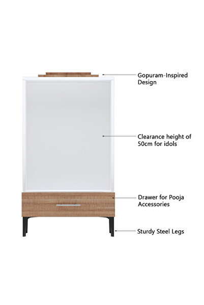 Mahmayi Wooden Mandir, Temple with Single Drawer, Steel Legs-Brown Arizona Oak