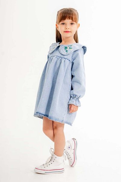 Cansın Mini Rochie albastră de jeans pentru fete cu mâneci lungi cu broderie florală - 20115