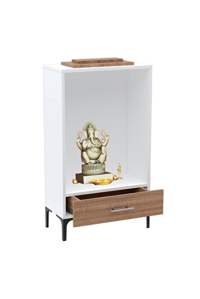 Mahmayi Wooden Mandir, Temple with Single Drawer, Steel Legs-Brown Arizona Oak