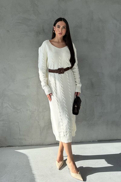 Seda Yalçın Atelier Ecru V-Neck Knitted Knitwear Dress