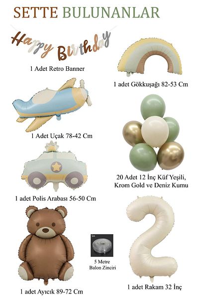 Patladı Gitti 2 Years Old Birthday Set - Retro Airplane, Car, Rainbow, Teddy Bear and 20 Latex Balloons