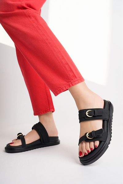 meyra'nın ayakkabıları Women's Black Matte Double Banded Comfortable Orthopedic Sole Slippers