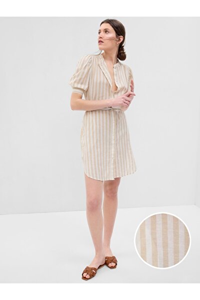 GAP Kadın Bej Kabarık Kol Keten Pamuk Karışımlı Gömlek Elbise