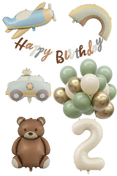 Patladı Gitti 2 Years Old Birthday Set - Retro Airplane, Car, Rainbow, Teddy Bear and 20 Latex Balloons
