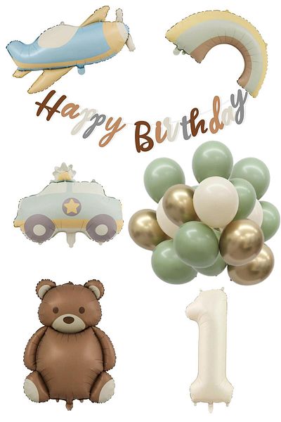 Patladı Gitti 1 Year Birthday Retro Set - Airplane, Car, Rainbow, Teddy Bear and 20 Latex Balloons