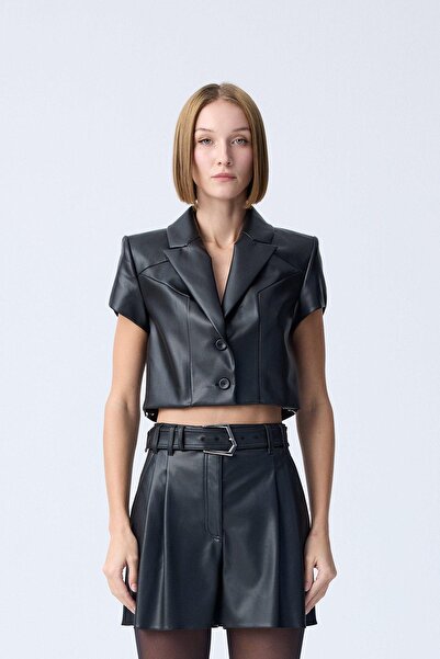rue Vatkalı Kısa Kollu Siyah Suni Deri Ceket